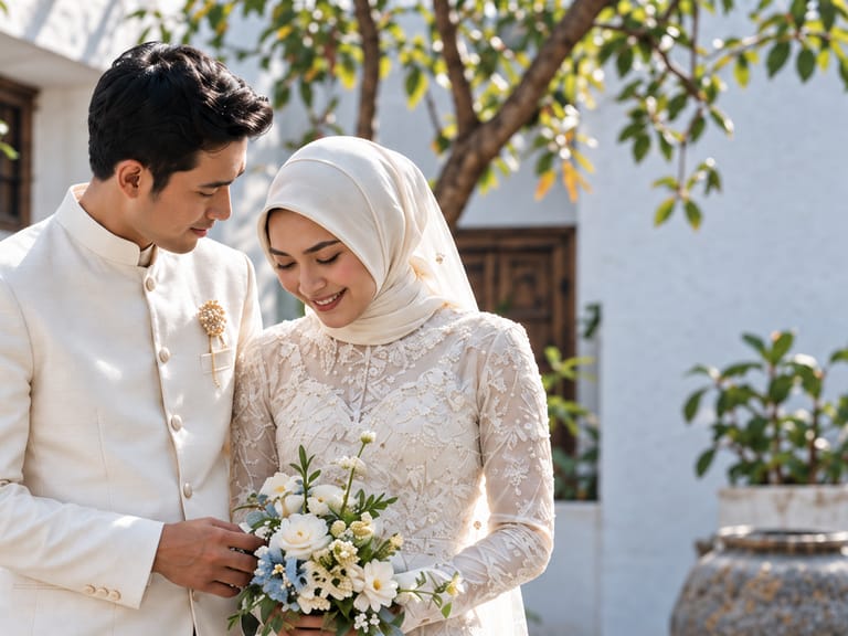 Pasangan pengantin memegang buket bersama di halaman rumah.
